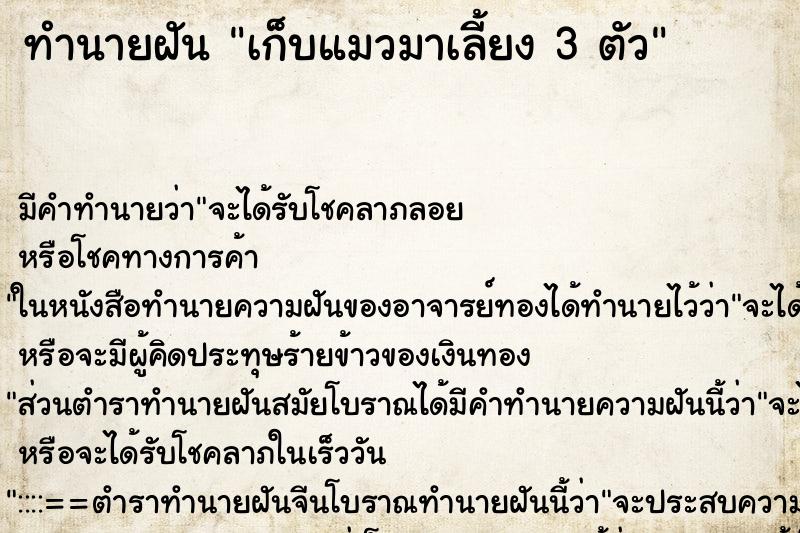 ทำนายฝัน เก็บแมวมาเลี้ยง 3 ตัว ตำราโบราณ แม่นที่สุดในโลก